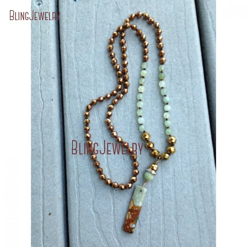 Rustic Agates Pendant Bronze Hematite Faceted  and Aventurine Beads Stone Necklace Chrysoprase Bar  NM21491