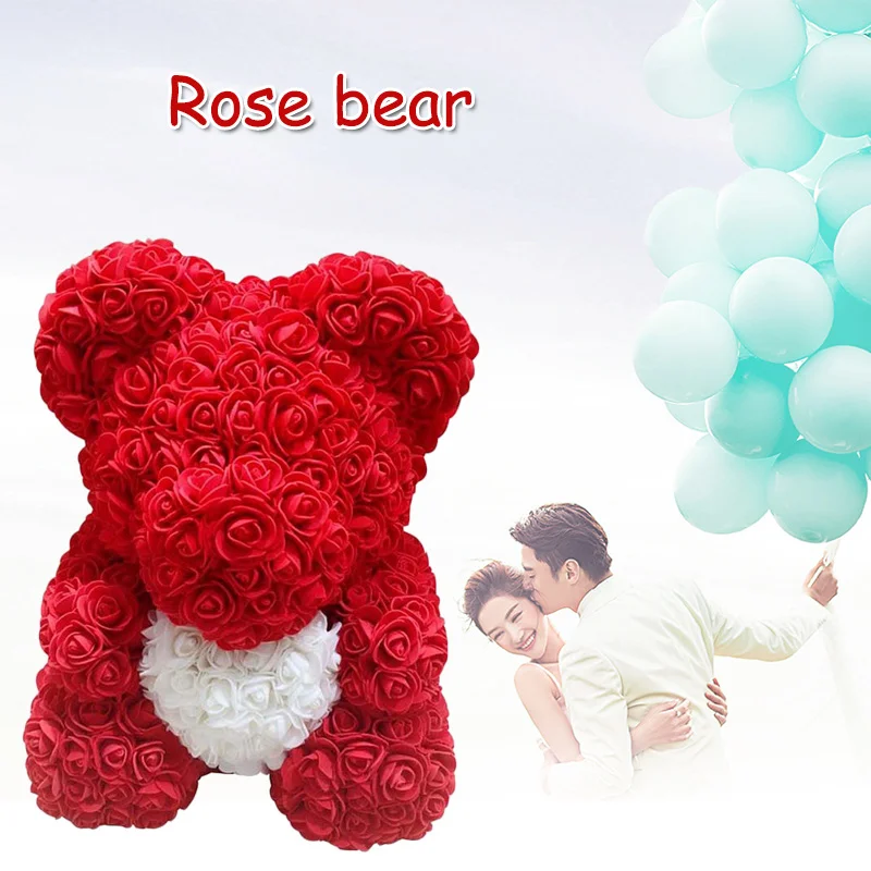 Lovely Big Red Rose Flower Bear Toys Ornaments Gifts for Valentines's Day 25cm Store Gift on march 8