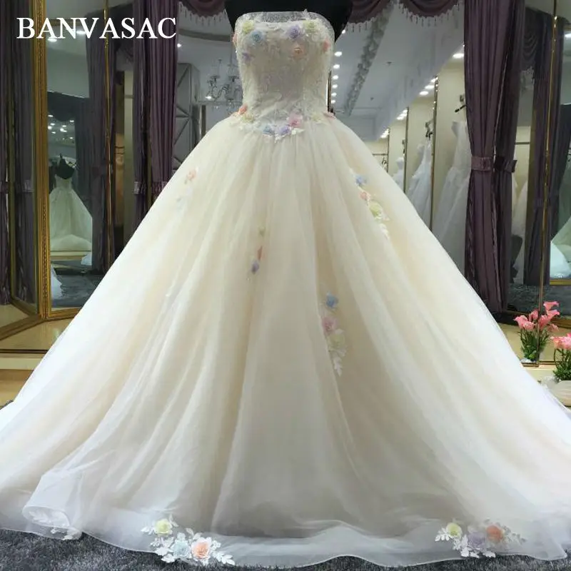 BANVASAC New Elegant Flowers Strapless Wedding Dresses Embroidery Beadings Sleeveless Satin Chapel Train Bridal Ball Gowns