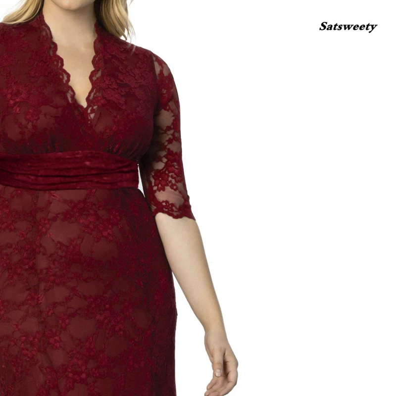 Burgundy Mother Of The Bride Dresses Plus Size Elegant A Line V Neck Half Sleeve Lace Wedding Party Gowns Robe De Soiree