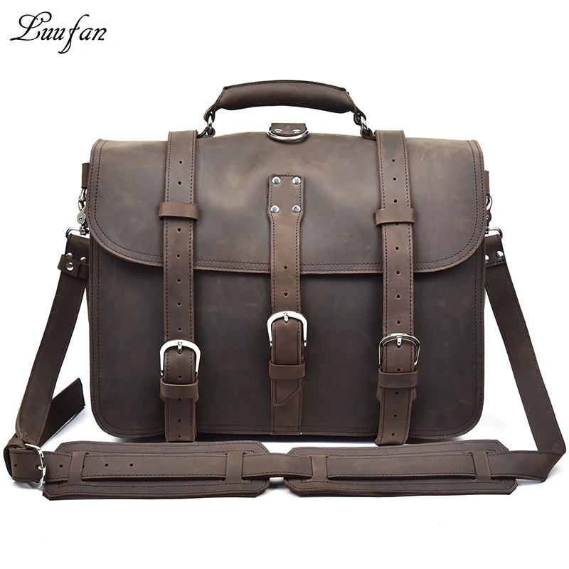 Men Thick Crazy Horse Leather Laptop Rucksack Large Capacity Genuine Leather 17\