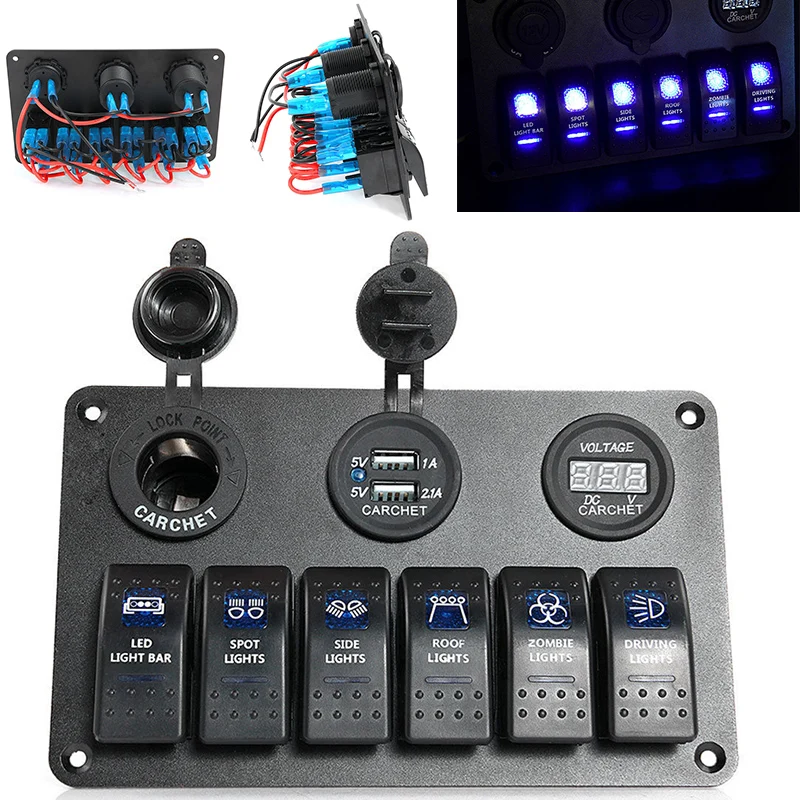 

1set 6 Gang Car Marine Boat LED Rocker Switch Panel Circuit Breaker+2 USB+Voltmeter