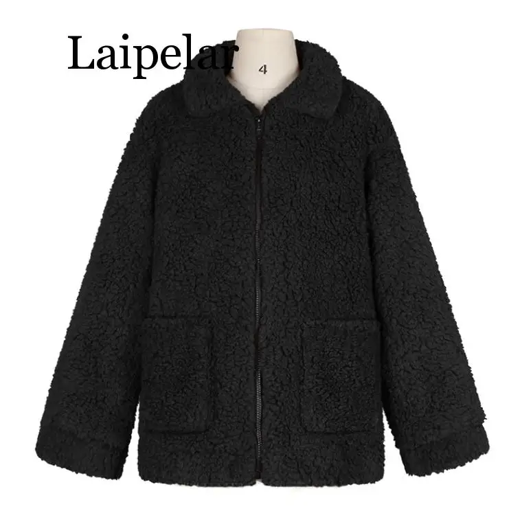 Laipelar Women Faux Fur Jacket Fluffy Teddy Bear Fleece Fake Fur Coat Zip Pocket Long Sleeve Casual Streetwear Winter Femme