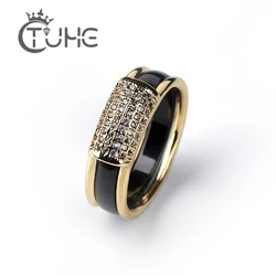 2 pcs/Set Hot Sale Fashion 585 Gold Rings With Bling Rhinestone 2 Layer Black White Detachable Ceramic Rings for Women Jewelry