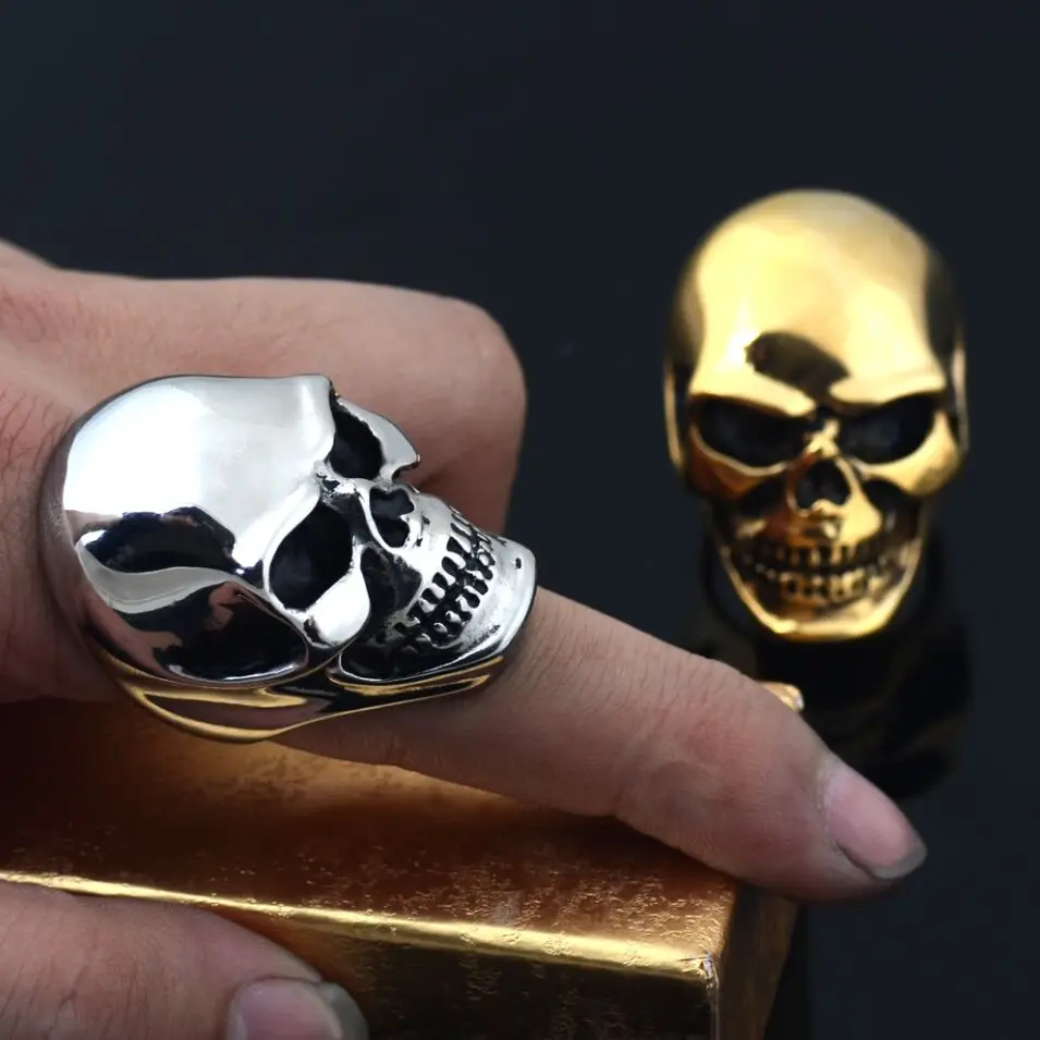 Valily Vintage Men\'s Stainless Steel Skull Rings Silver-Color Gothic Biker Jewelry Big Motorcycle for Man