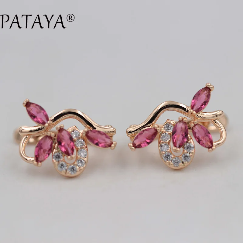 PATAYA New 585 Rose Gold Color Drop Earrings Symmetry Petal Natural Zircon Earrings Women Exquisite Jewelry Wedding Earrings