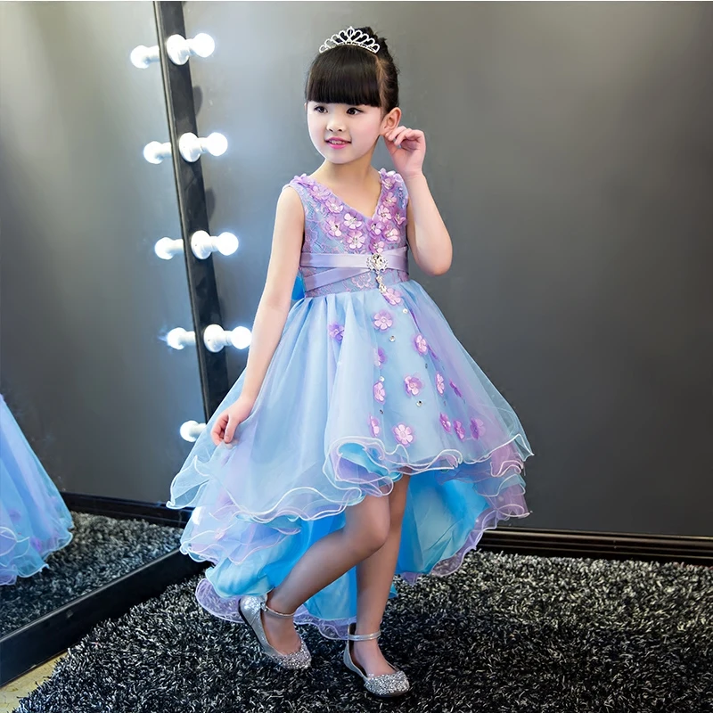 

Blue Tulle Appliques Trailing Girls Wedding Dress flower Girl Dress Girls Prom Formal First Communion Gown for Baptism Birthday