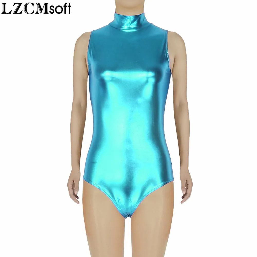 LZCMsoft Women Shiny Metallic Sleeveless Leotards Adult Black High Neck Gymnastics Leotard One Piece Bodysuit Ballet Dance Tops