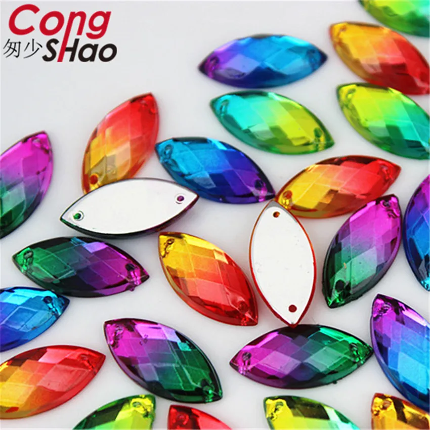 Cong Shao 30pcs 9*20mm Drop Double color stones and crystals Acrylic Horse eye rhinestone flatback sewing 2 Hole Garment ZZ476