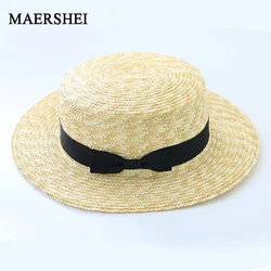 MAERSHEI Summer women straw hat Parent-child sun hat Kids Large Brim Beach caps Boater Beach Ribbon Round Flat Top fedora hat