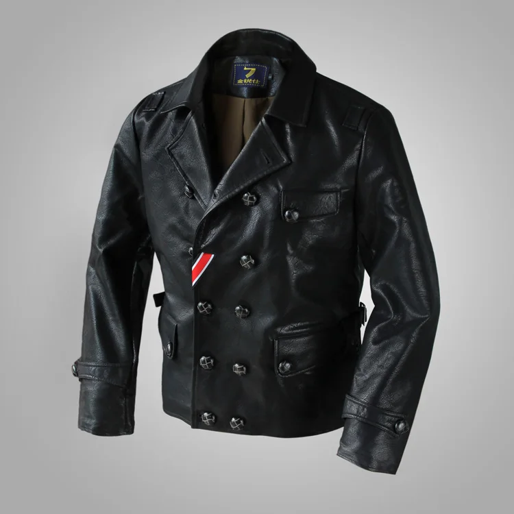 M-2XL!!For flight jacket black double breasted water washed leather clothing outerwear