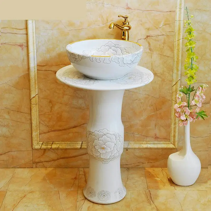 Integrated Art Pedestal Basin Ceramic Pedestal Washbasin Floor Type Basin Balcony Vertical Hand Basin Basin white peony pattern