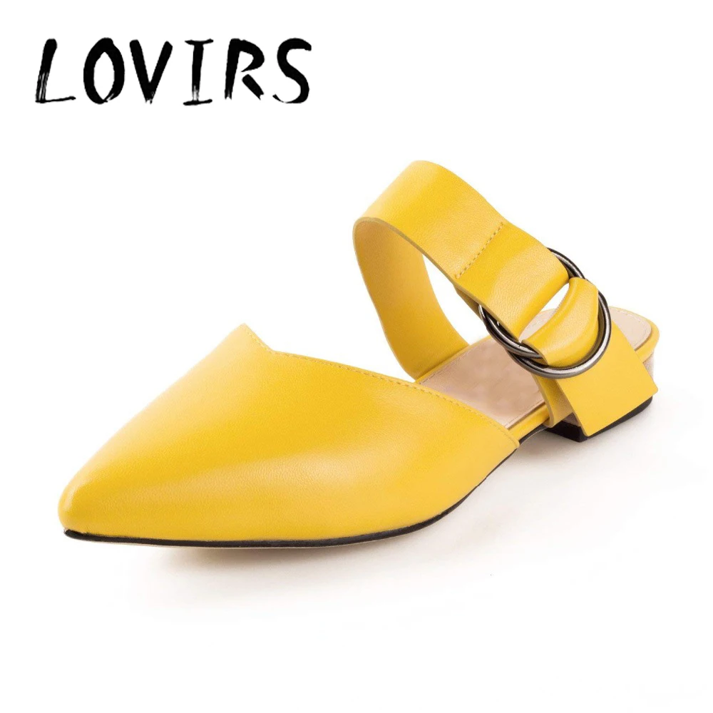 LOVRIS Women Closed and Pointed Buckle Slip On Solid and Ruffles Mule Flats for Dress Party Wedding Outside Slippers