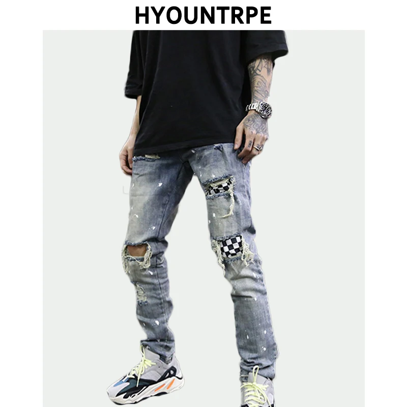 High Street Fashion Destroyed Jeans Mens Knee Hole Patchwork Plaid Ripped Slim Biker Jeans New Hip Hop Zipper Pants Joggers