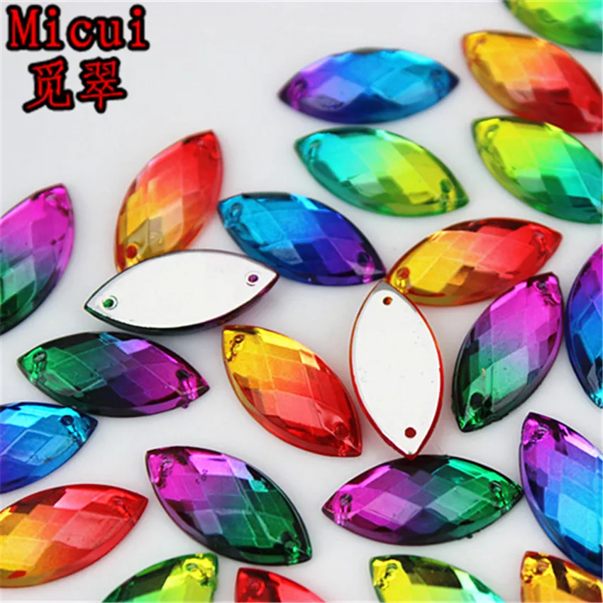 Micui 30Pcs 9*20mm Double Color Horse Eye Acrylic Rhinestones Crystal Stones Flatback Gems For Clothes Dress Sew On MC476