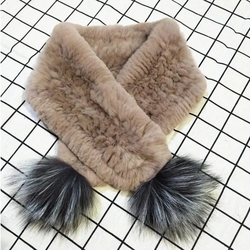 Real rex rabbit fur scarf women winter fur neck warmer  new design knitted fur scarves with big fur pompom 7 colors F58