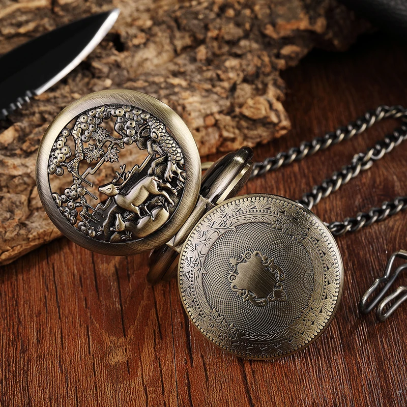 Bronze Deer Flowers Case Mechanical Pocket Watch Men Retro Big Dial Hand Wind Watch Skeleton Steampunk Reloj de bolsillo Cadena