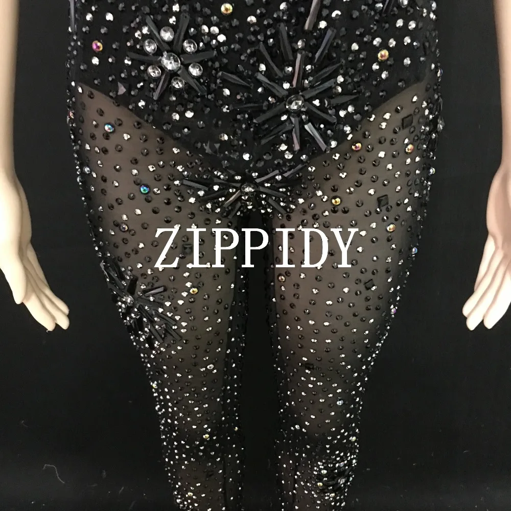 2019 กระพริบ Full Rhinestones สีดำตาข่ายดูผ่าน Jumpsuit ไนท์คลับผู้หญิง Dance Dance Birthday Party ชุด