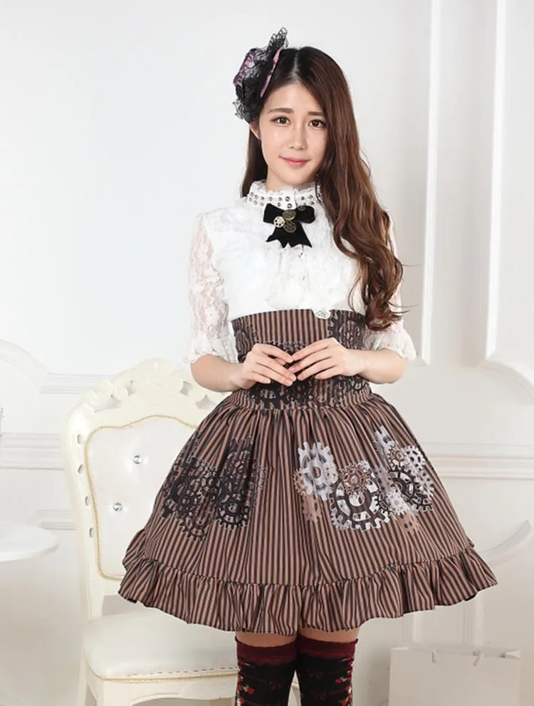 XS-4XL High Waist Punk Lolita Skirts Gothic Steam Machine Gear Brown Stripe Ruffle Hem Skirt Women Vintage Retro Lady's Royal SK