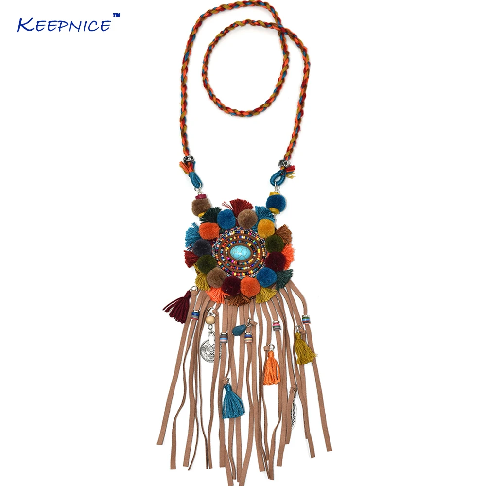 

New Bohemian Handmade Leather Tassel Colorful Pompous Pendents Unique Boho Chic Long Necklaces