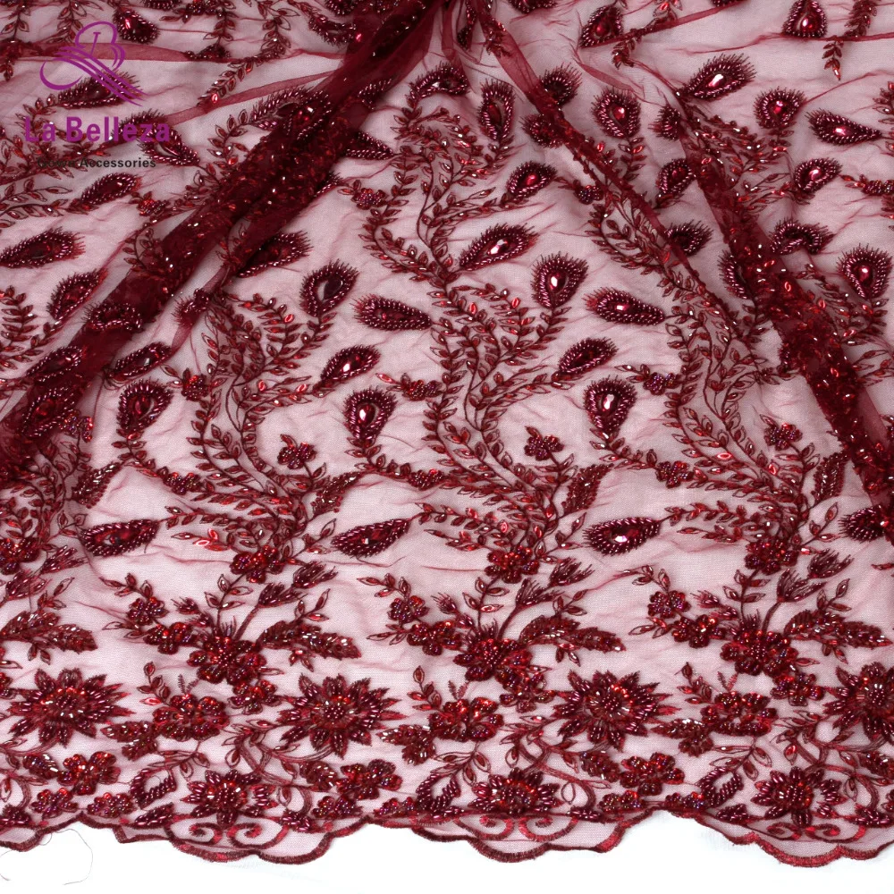 

1yard New arrivels wine handmade beads on netting embroidery wedding dress lace fabric 130cm width