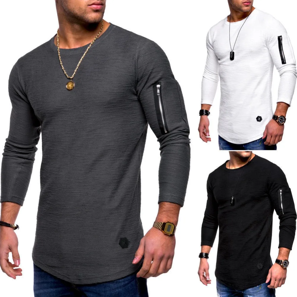 2022 New Tshirt Men\'s Spring Autumn T Shirt Men Long Sleeved Cotton Causal Bodybuilding Folding O Neck Tshirt Tops Tees Men