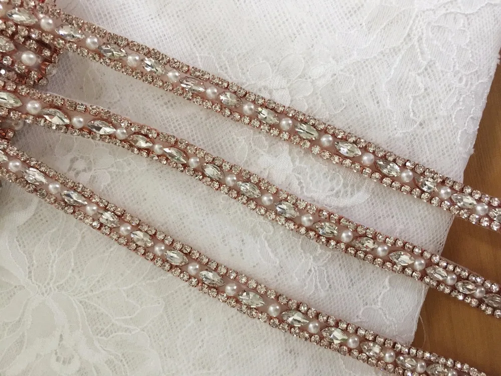 1 yard /lot rose gold / silver Slim rhinestone crystal beaded trim , iron on beaded applique for wedding belt sash bridal