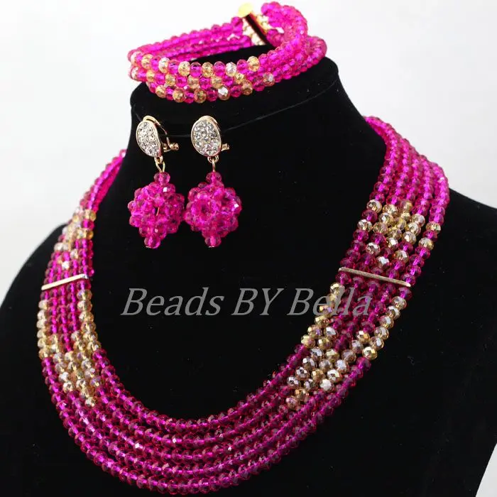 Fashion Fushia Pink Women Stylish Crystal Jewelry Accessories Nigerian Wedding African Beads Jewelry set Free Shipping ABL060