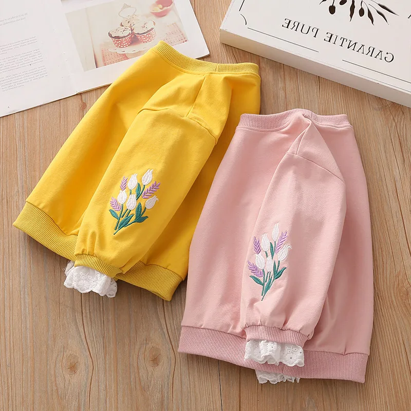 2023 Autumn Spring Casual 2 3 Years 90 100 cm Children\'S Flower Embroidery Patchwork Tops Kids Baby Girl Loose Sweatshirts