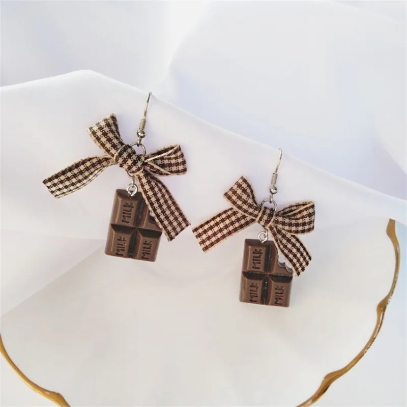 2019 Korean Fashion geometric bowknot cloth dangle earrings funny cute chocolate resin long earrings women jewelry ear clip gift