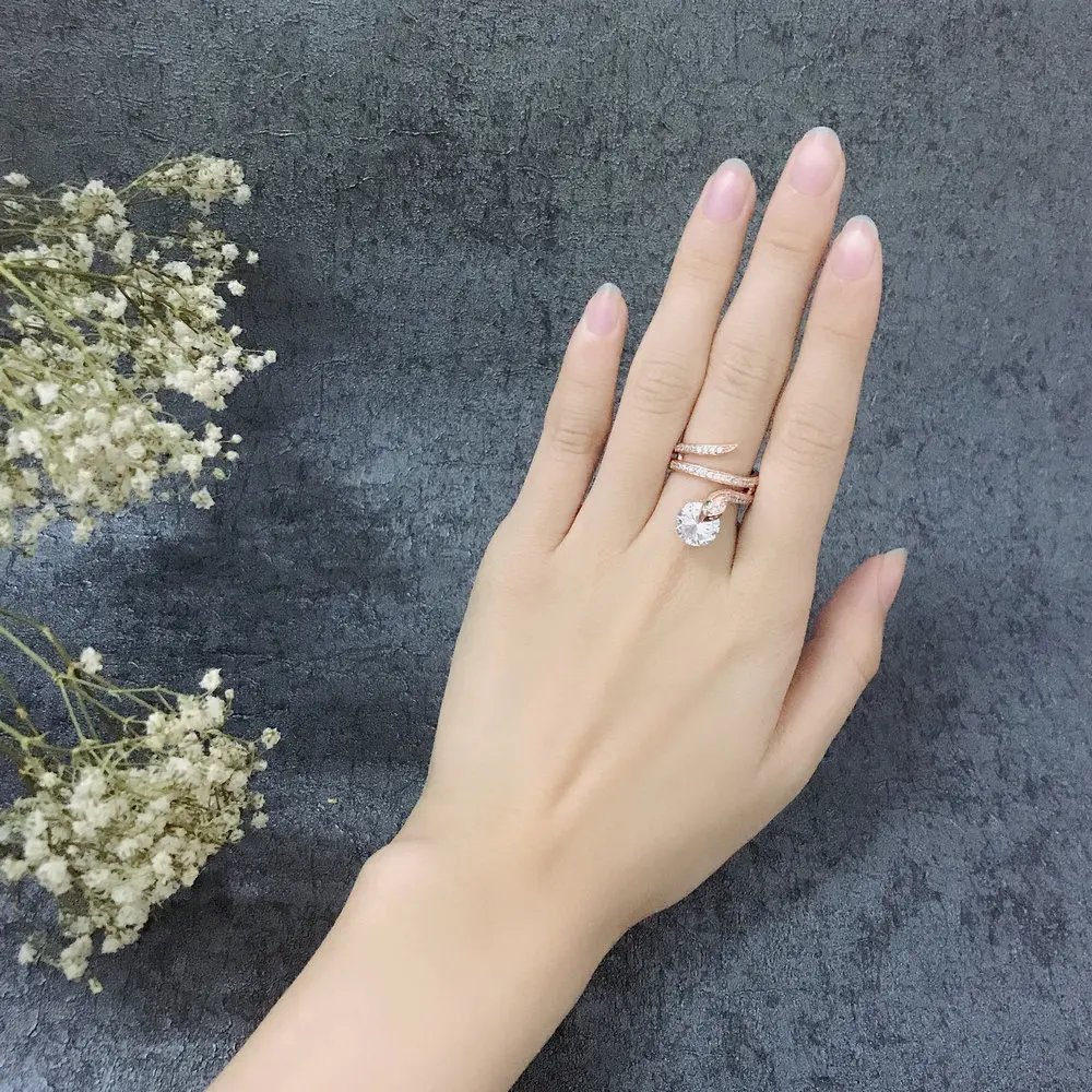 Double Fair Snake Shape Clear Green Cubic Zirconia Finger Rings Rose Gold Color Fashion Punk Style Jewelry For Women DFR271