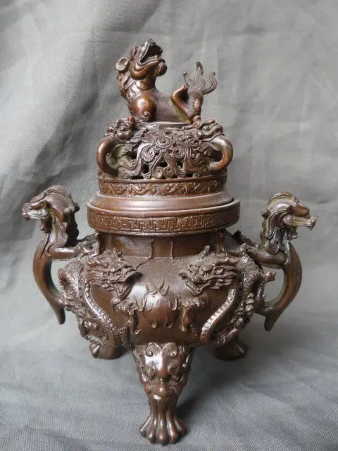 Collectable Ming Dynasty (xuan de1426-1438)Copper Dragon Incense Stove\Censer,Decoration,Free Shipping