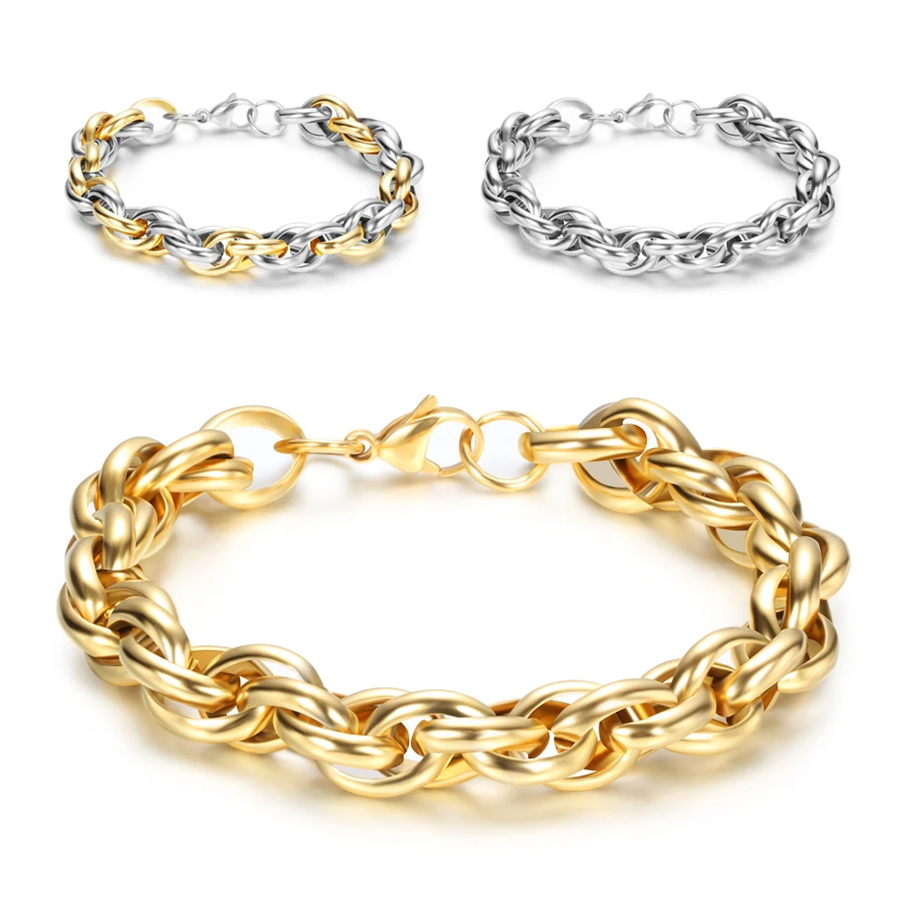 Gold Color Stainless Steel Bracelet Cool Rock Style New 22cm 9MM Thick Chain Link Bracelet Men Jewelry Wholesale