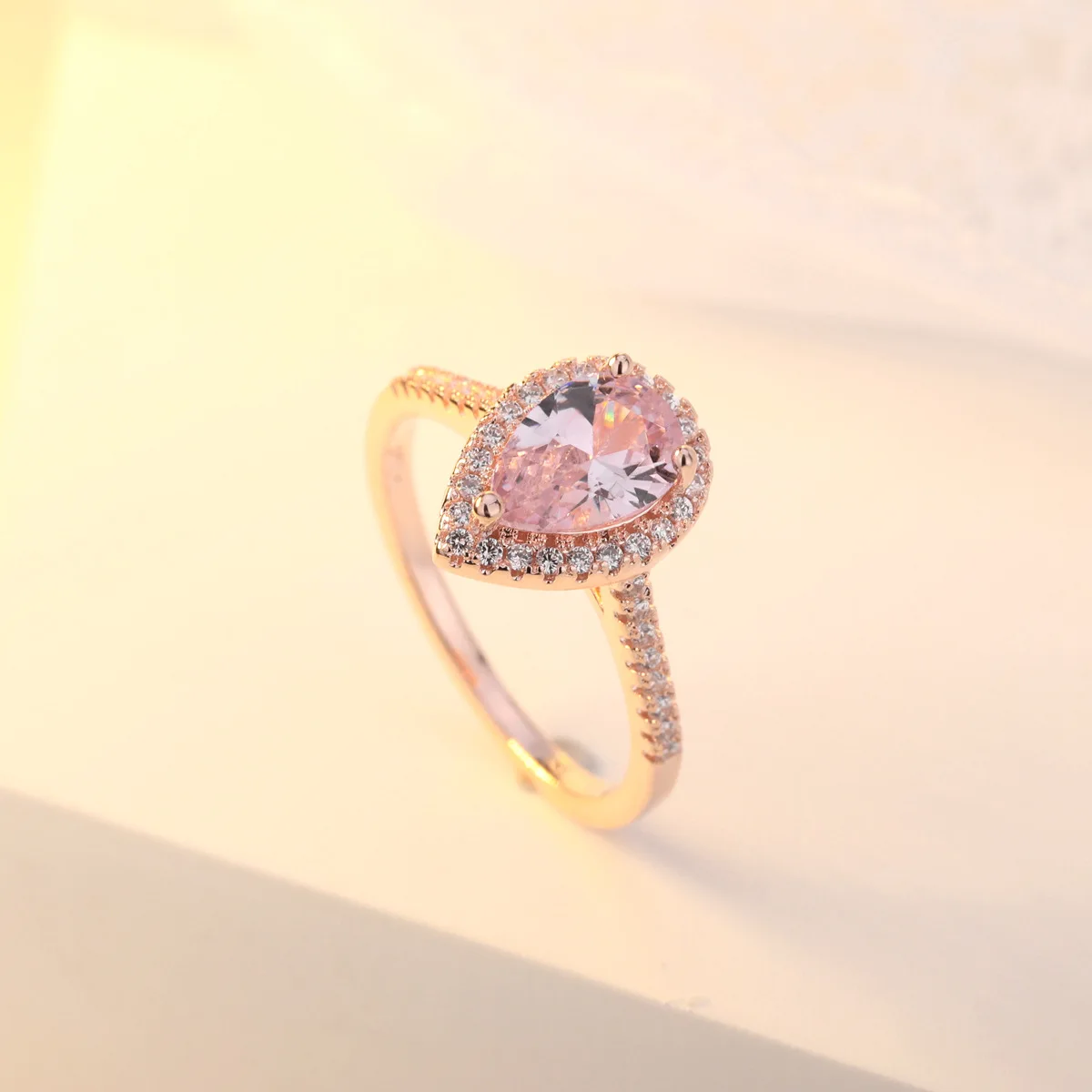 OMHXZJ Wholesale European Fashion Woman Girl Party Wedding Gift Water Drop Pink White AAA Zircon 18KT Rose Gold Ring RR598