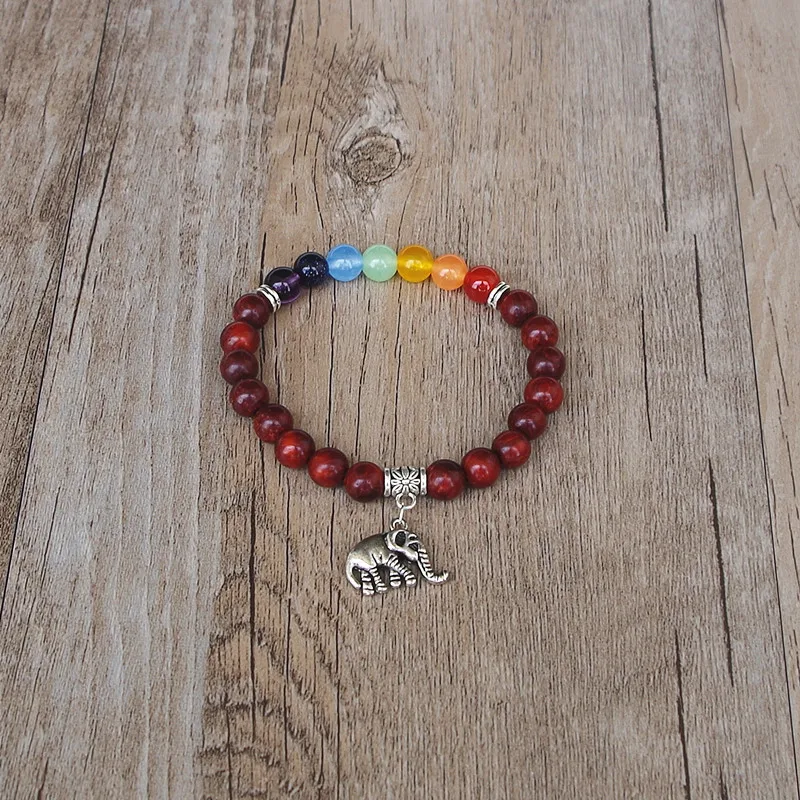 Men Women Elephant Mala Chakra Bracelet Vintage Red Wooden Beads Chakra Yoga Healing Reiki Pray Mala Charm Strand Bracelet