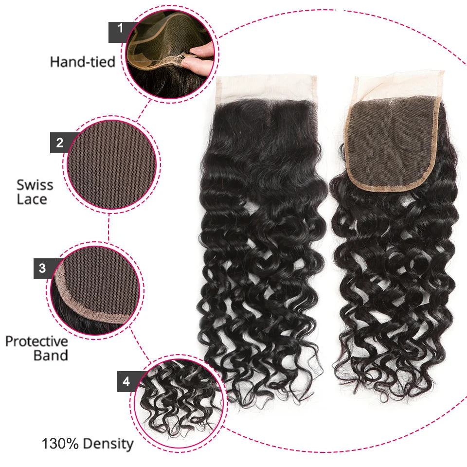 Brazilian Deep Weave Bundles com Fechamento, Remy Cabelo Humano, Water Wave, 3 Bundles