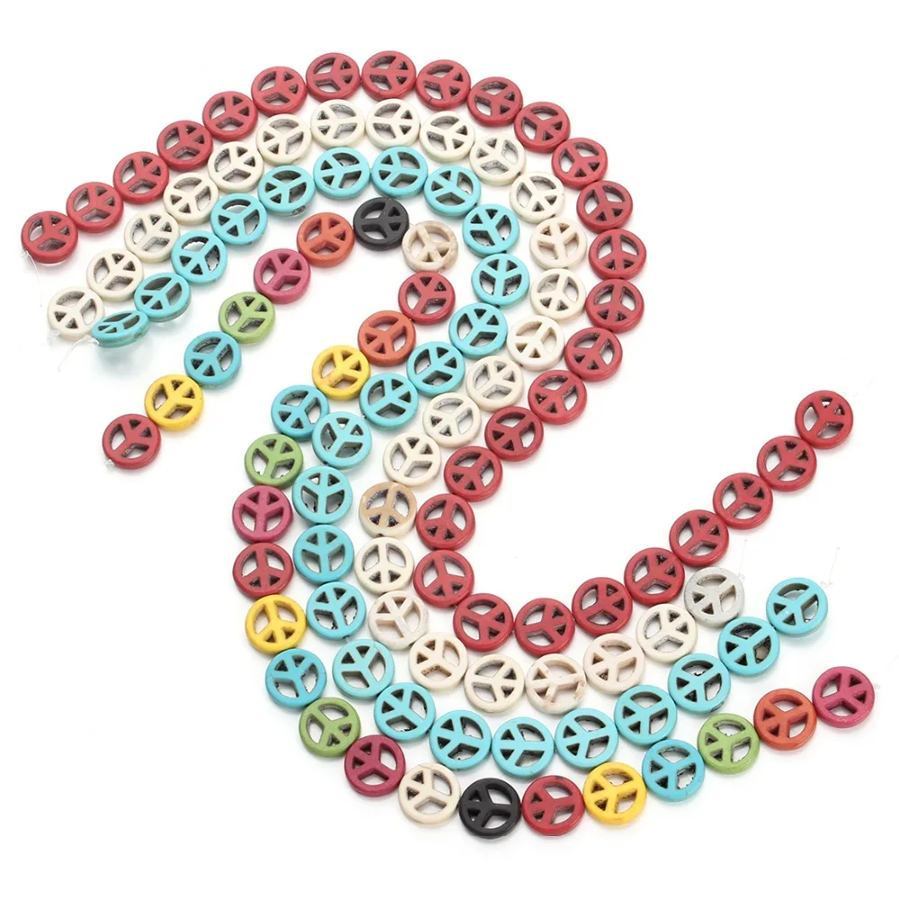 Sauvoo 40cm/pc Colorful Natural Turquoises Bead 15mm Round Hollow Out Peace Sign Space Charm Stone Beads for DIY Jewelry Making