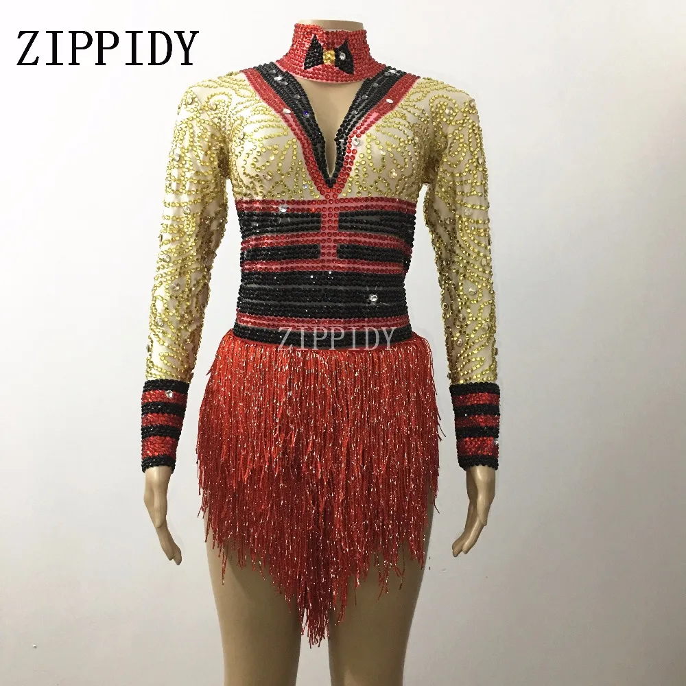 Sparkly Gold Strass Rood Kwastje Bodysuit vrouwen Kostuum Nachtclub Partij Zangeres Turnpakje Vieren Outfit Stadium Slijtage