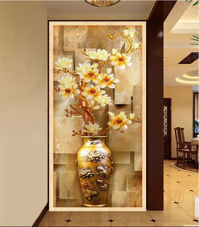 

New Chinese color carving 3d large mural magnolia bottle entrance aisle background wallpaper hotel ktv corridor wallpaper