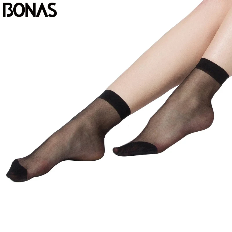 BONAS 10 pairs/lot Summer Women's Short Socks Crystal Transparent Nylon Socks Female Solid Color Girl Ankle Silk Smooth Socks