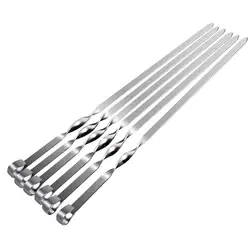 6/10/12pcs Stainless Steel Barbecue Skewers Portable BBQ Grill Needle Long Handle Flat BBQ Skewers Metal Kebob Fork Stick 45cm