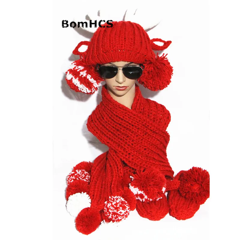 

BomHCS Cute Antlers Hat+scarf+gloves Suit Winter Handmade Knitted Warmer Gift Beanie Neckerchief Mittens