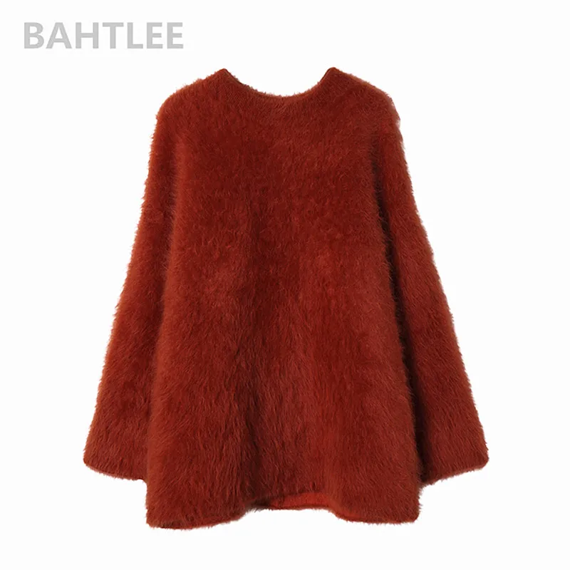 BAHTLEE-Women\'s Angora Knitted Pullovers, O-Neck Sweater, Mink Cashmere, Butterfly Sleeves, Very Thick, Keep Warm, Loose, Autumn