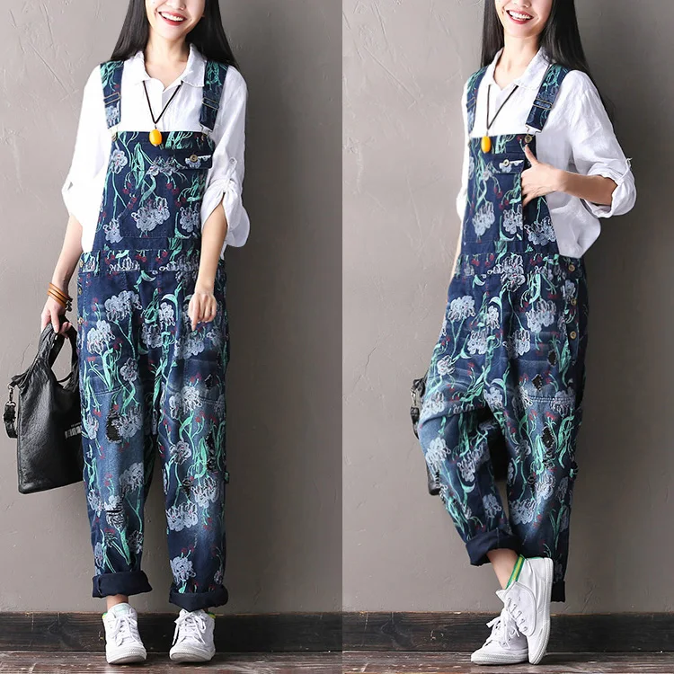 

2017 female new spring fashion flower print bib jeans pants casual hole all-match pants