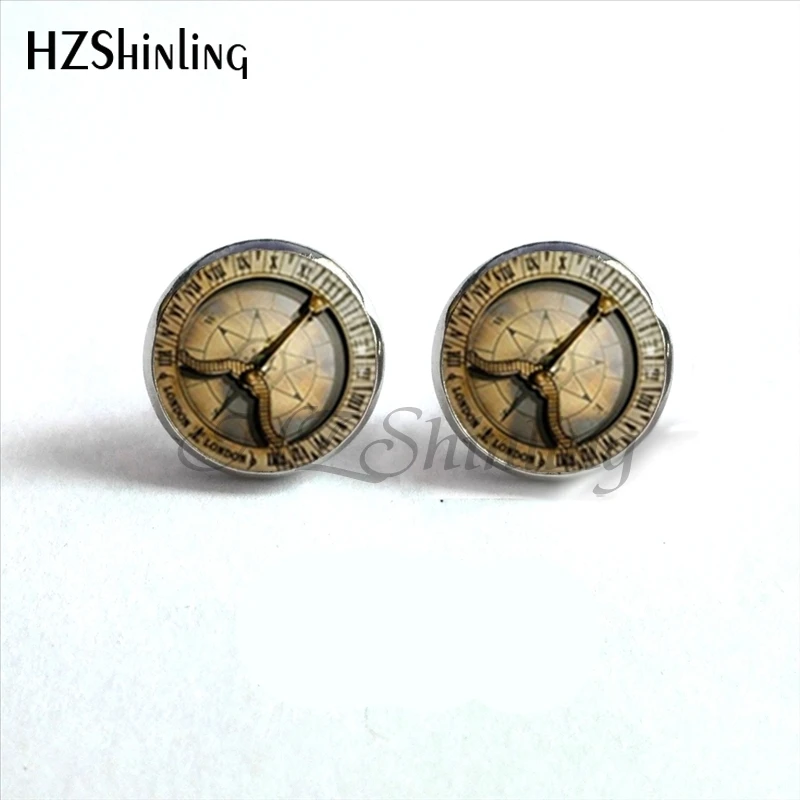 NES-0093   Vintage Compass Earrings Compass Ear Nail Nautical Earring Old World Sailing Glass Dome Earrings HZ4