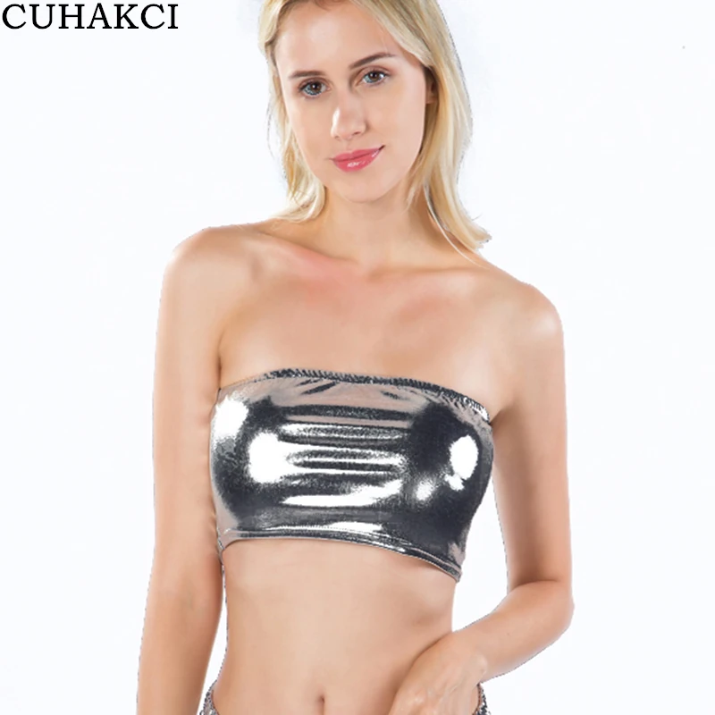 CUHAKCI kobiety krótki Top sukienka do klubu Sexy Camis rozciągliwy Croptop moda srebrne Party panie złote srebrne czołgi