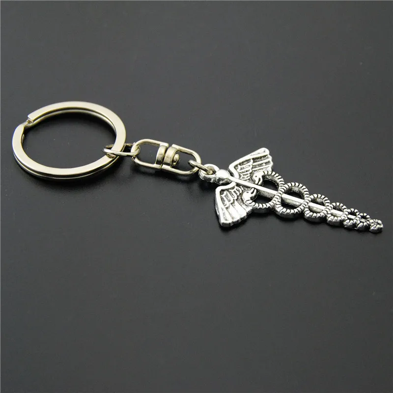 1PCS  Silver Color Caduceus Symbol Mercurial Staff With Winged Snakes Key Chains Diy Handmade E864