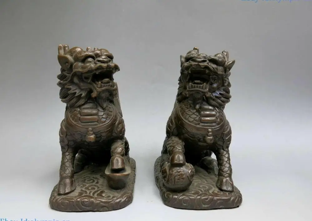 China bronze sculpture carved fine copper Feng Shui Foo Dogs Kylin pair Statue