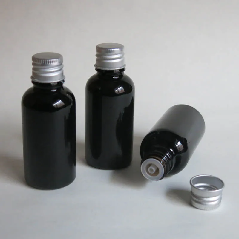 

wholesale 100pcs 30ML Black Glass Bottle , Juice Serum container, 30ml Sample Vials Essential Oil Bottle with white screw cap