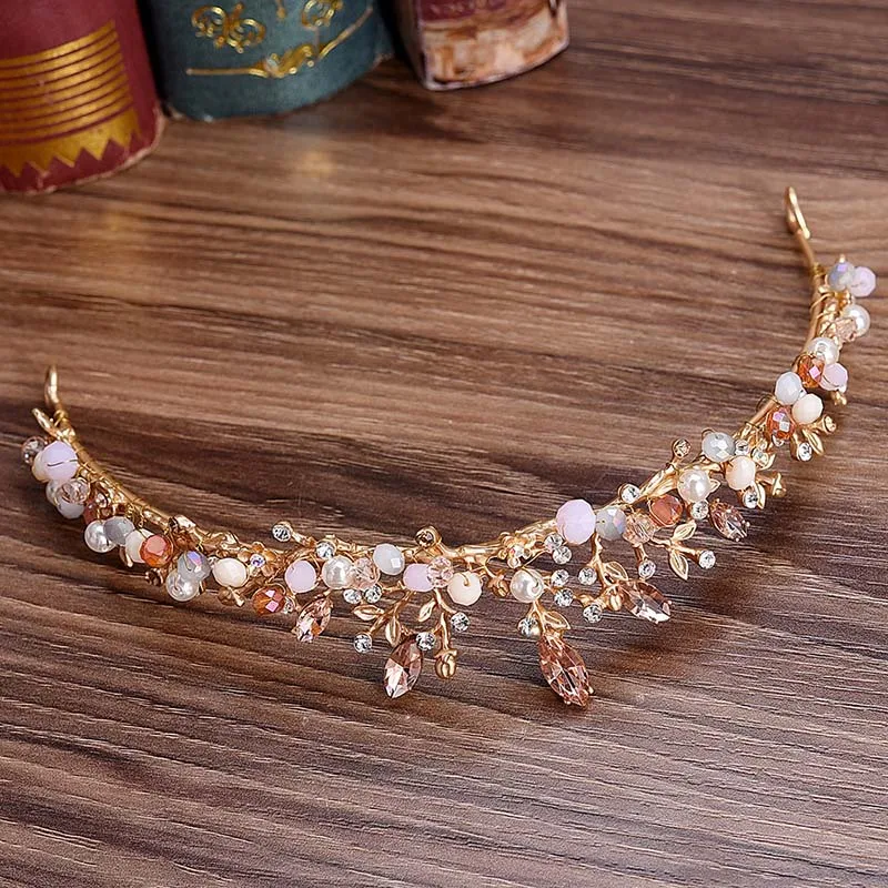 Women\'s Elegant Crowns Pink Crystal Rhinestone Floral Tiaras Metal Wedding Hair Jewelry Vintage Headpiece Bride Hairband